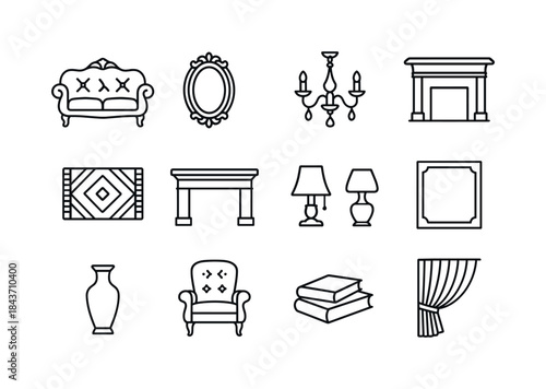 Classic Living Room Icons. Classic Living Room. Line icon set of