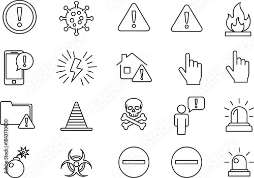 Warning hazard alert icons set with exclamation danger symbols, safety emergency siren, biohazard, fire, poison, virus, bomb vector illustration