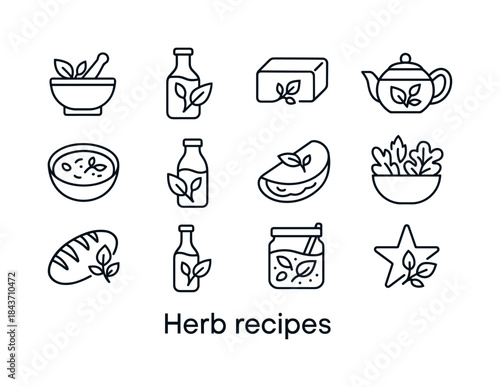 Herb Recipe Icons. Herb recipes. Line icon set of Herb recipes: