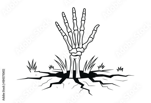 Skeleton hand emerging from cracked earth, a spooky vector illustration