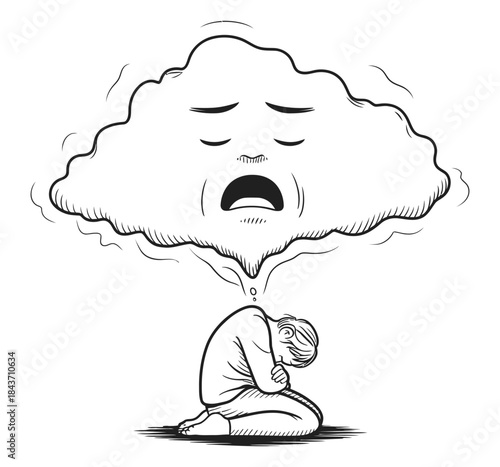 A person is overwhelmed by negative thoughts and emotions represented by a distressed cloud