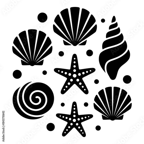 A circular pattern of black silhouettes featuring various seashells and starfish from the ocean