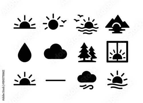 Sunrise Icon Set. Sunrise. Solid icon set of sunrise: sun over h