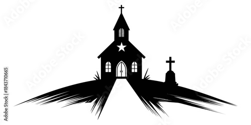 A black silhouette of a rustic church building with a steeple cross and star detail