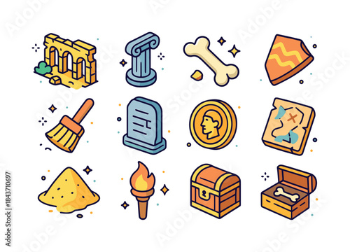 Isometric Archaeology Icon Set. Remains. Colorful isometric vect