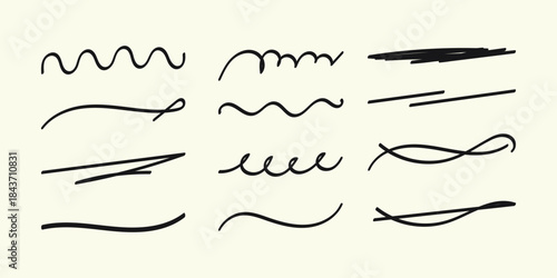 Set of Hand Drawn Doodle Underline and Text Divider Elements with Squiggle, Scribble, and Wavy Lines