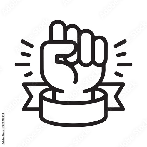 A clenched fist raised in solidarity with a ribbon banner below
