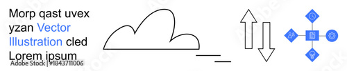 Cloud computing, data transfer, digital navigation, technology icons, online connectivity, directional flow. Black cloud outline with arrows and blue digital navigation icons. Cloud computing
