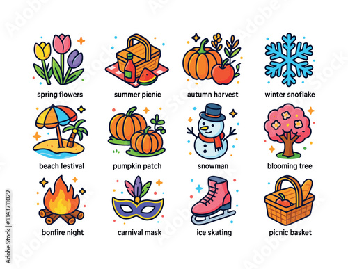Festive Seasons Icons. Seasonal festivities. Colorful isometric