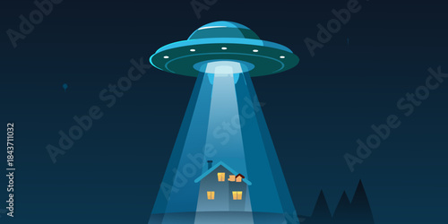 A glowing ufo shines a bright beam of light onto a small house