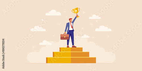 A businessman stands on steps raising a golden trophy in victory