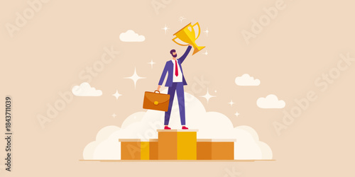 A businessman celebrates success atop a golden podium with a trophy