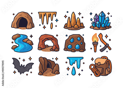 Isometric Cave Icons. Caves and Caverns. Colorful isometric vect