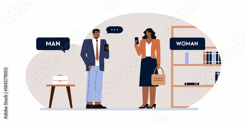 A man and woman having a conversation near a bookshelf in an office setting