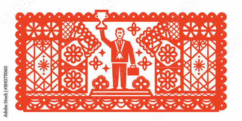 A vibrant papel picado illustration depicting a celebratory graduate with a diploma