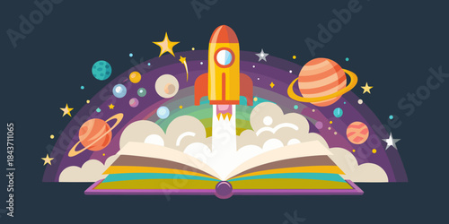 A rocket launching from an open book into a colorful cosmic space