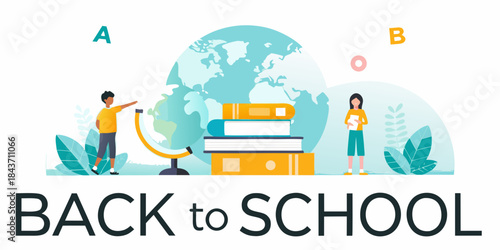 Back to school concept with students books and a world globe illustration
