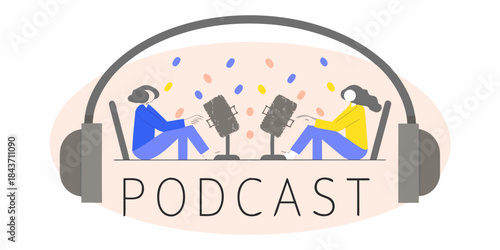Podcast illustration featuring musicians performing within headphone shapes