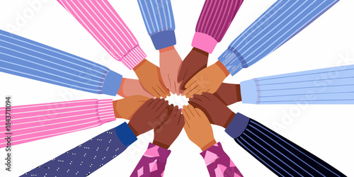 Diverse hands joined together in a circle symbolizing unity and collaboration