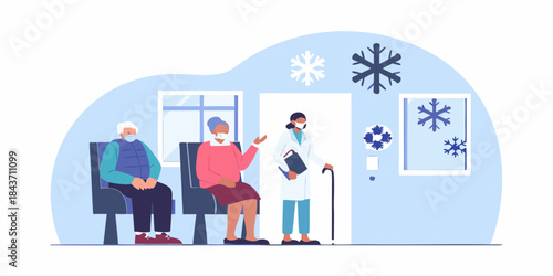 Healthcare worker assisting elderly patients in a waiting room during winter
