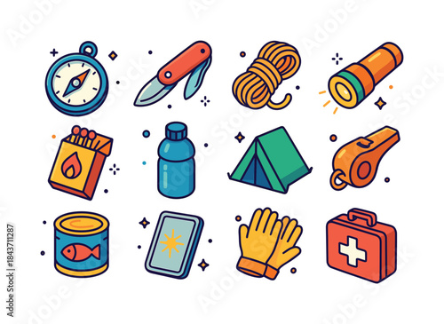 Isometric Survival Icons. Survival Kit. Colorful isometric vecto