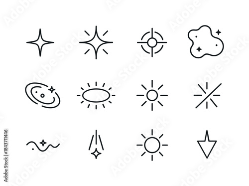 Cosmic Line Art Icons. Cosmic Light Sources. Line icon set of Co