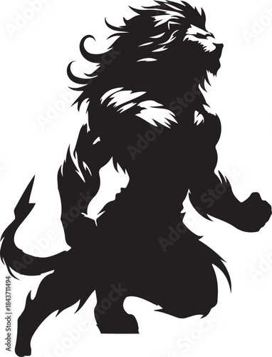 A powerful black silhouette of a muscular, roaring lion warrior in a dynamic, aggressive pose, featuring a spiky mane and tail.