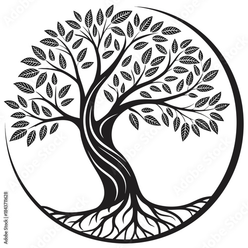 Stylized black and white tree of life with roots and circle outline