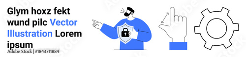 Person with shield and lock, hand gesture, and gear icon. Ideal for cybersecurity, technology, protection, safety, user interface, process optimization simple landing page