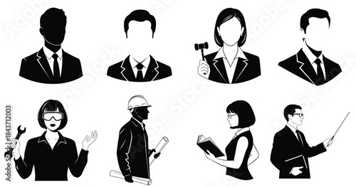 A collection of eight business professionals in various poses and expressions