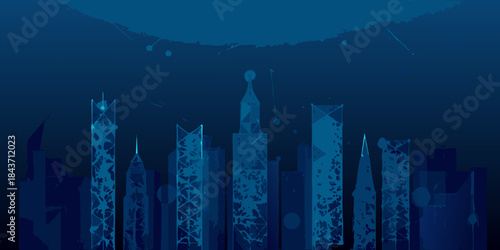 A striking digital illustration of a futuristic cityscape in shades of blue