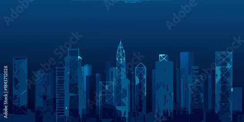 Abstract blue cityscape depicting a modern skyline with geometric shapes