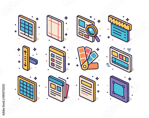 Colorful Editorial Icons. Editorial layout tools. Colorful isome