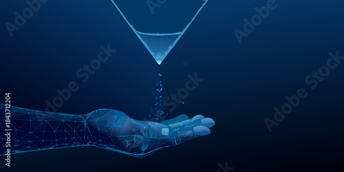 Digital hand catching falling water droplets from a futuristic funnel