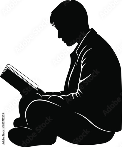 Black Silhouette of a Young Man or Student Sitting Cross-legged on the Floor, Deeply Engaged in Reading an Open Book, Representing Education, Study, Knowledge, and Concentration on a White Background,