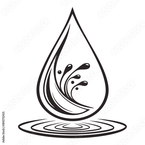 Stylized water drop with splashes and ripples