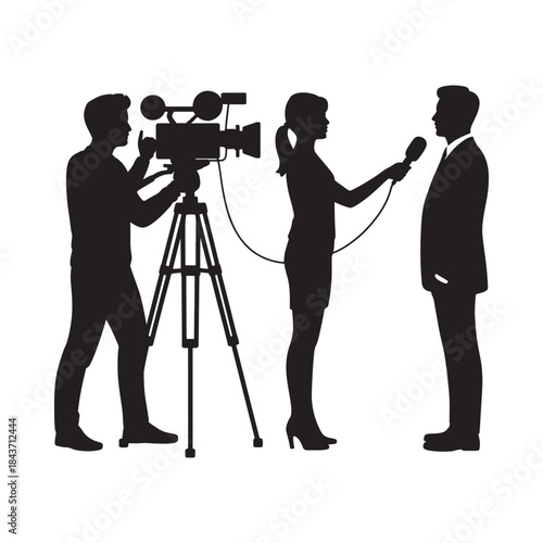 A silhouette of a news interview in progress with camera and reporter