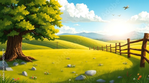 Fototapeta Naklejka Na Ścianę i Meble -  Vibrant summer landscape with rolling hills and a majestic tree