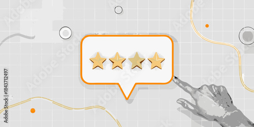 Five star rating displayed inside a speech bubble on a map background
