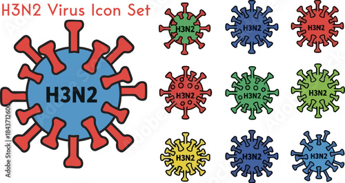 Collection of H3N2 influenza virus icons in various colors representing pandemic and seasonal flu threats