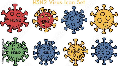 Collection of colorful H3N2 virus icons representing influenza strain for medical and scientific illustration