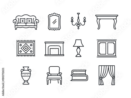 Classic Living Room Icons. Classic Living Room. Line icon set of