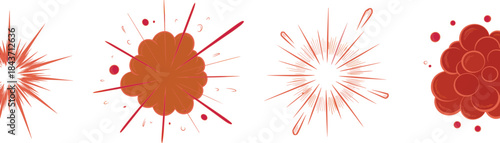 Comic explosion effects set, black and white burst shapes, pop art impact lines, cartoon blast elements illustration