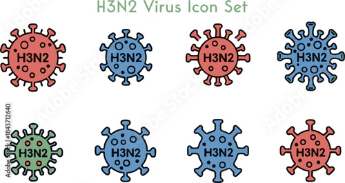 Collection of eight distinct h3n2 virus icons in red blue and green colors on black background