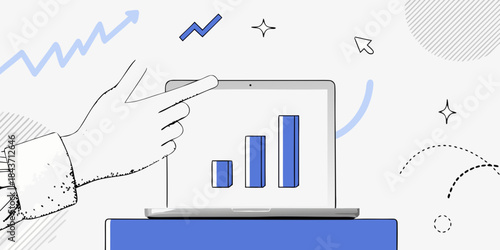 Hand interacting with a laptop displaying a data growth chart illustration