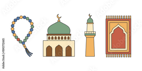 Islamic worship objects including prayer beads mosque dome minaret and mat