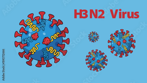 Cartoon illustration of the H3N2 influenza virus structure floating against a solid light blue background