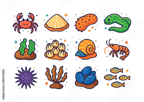 Rocky Shore Fauna Icons. Rocky shore fauna. Colorful isometric v