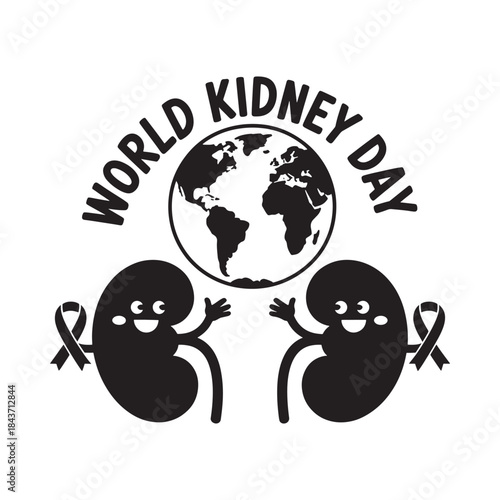 World kidney day illustration featuring cartoon kidneys and a globe