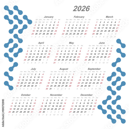 Calendar vector template for 2026 year. Week Starts on Sunday. Transparent background SVG version.	